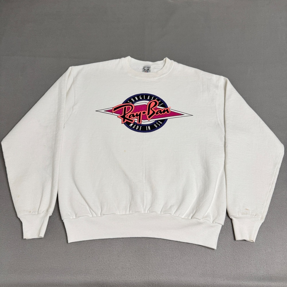 Ray Ban Sweatshirt Men XL White Vintage Graphic Print Made in USA 90s Streetwear